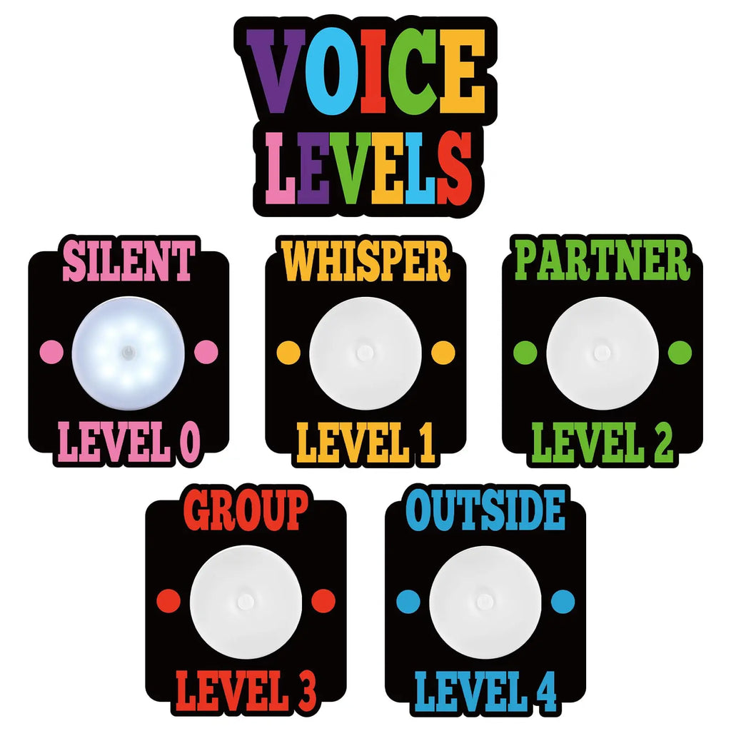 Voice Level Chart for Classroom with 5 Pack Magnetic Puck Lights Noise Level Chart Teacher Educational Management Supplies for Elementary School Preschool Music Class (Mordern,White)