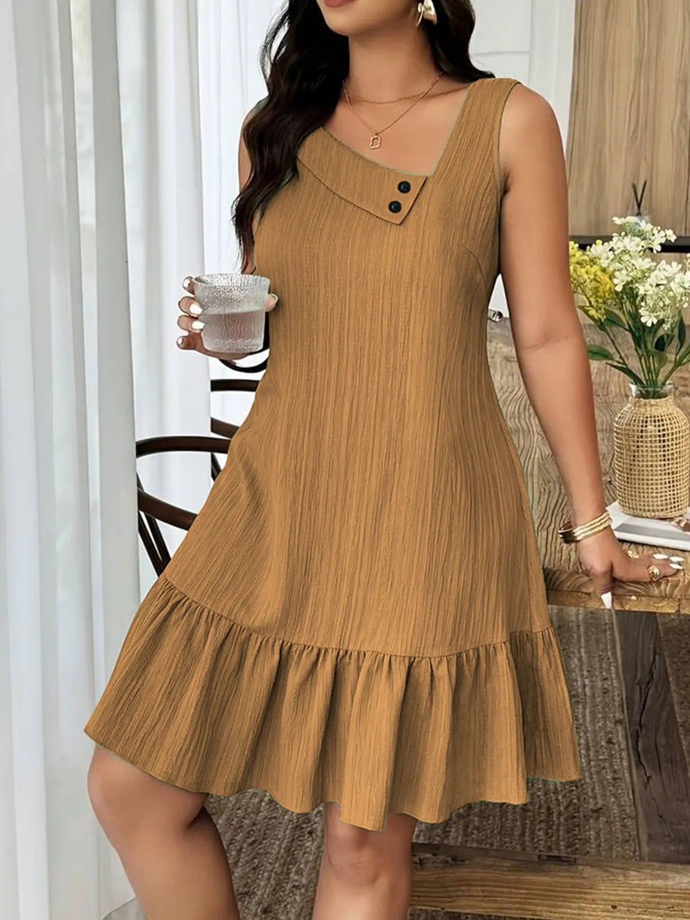 Women's Sleeveless Asymmetrical Neck Dress, French Chic Casual Sundress for Office, Vacation & Everyday Summer Wear