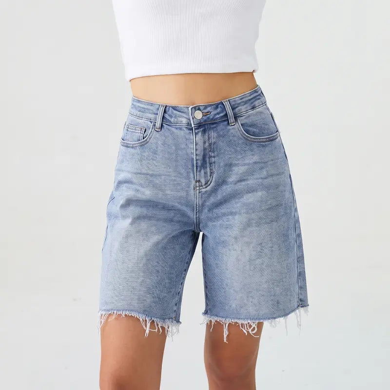 Women's Vintage Mid-Rise Tassel Hem Denim Bermuda Shorts, Stretch Baggy Casual Jean Shorts for Everyday Wear