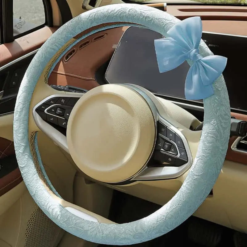 Lace Steering Wheel Cover 15 Inch Diameter Elegant Black with Large Cute Bow-knot Design Aesthetic Car Interior Decoration Non-Slip Universal Fit  for Women men