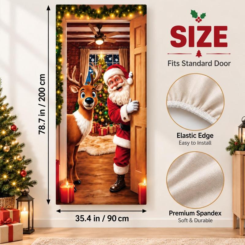 Santa & Reindeer Stretch-Fabric Christmas Door Cover