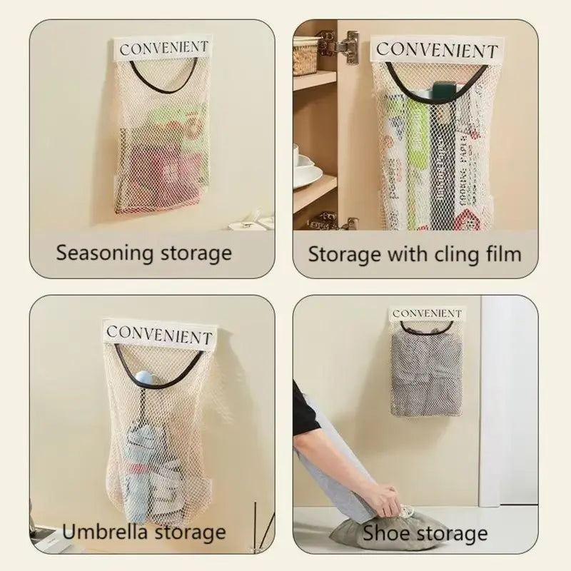 Wall-Mounted Mesh Bag Dispenser & Hanging Organizer for Grocery Bags, Trash Bags, Socks, Underwear & Closet Storage