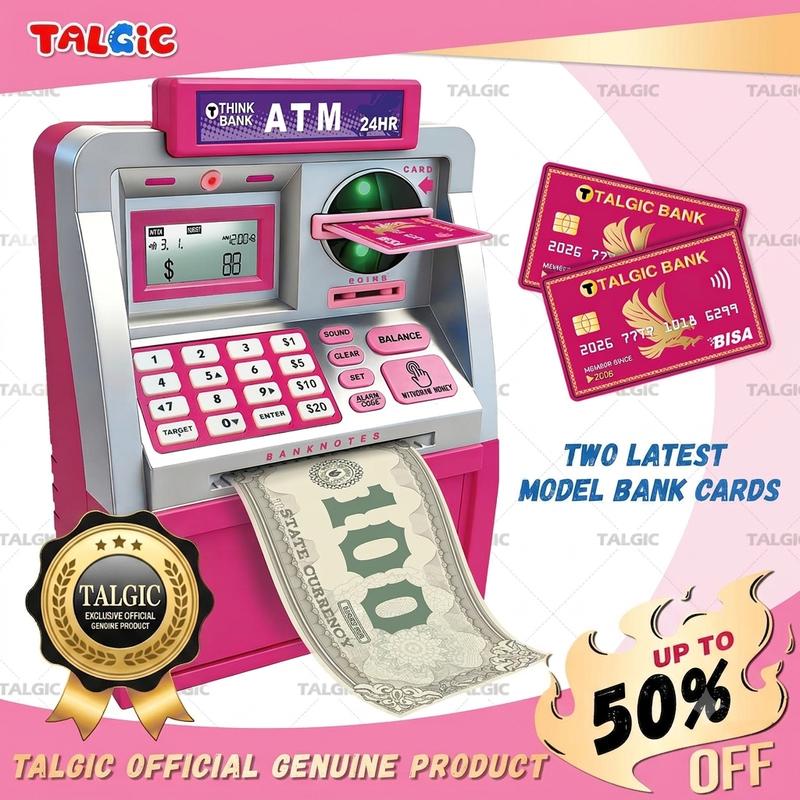 Kids ATM Piggy Bank with Password, Coin & Bill Savings Toy with Keypad & Cards for Birthday Gifts