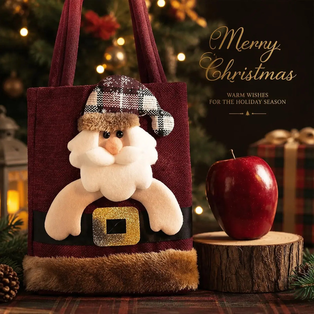 Reusable 3D Santa Claus Linen Christmas Treat Bags with Handles