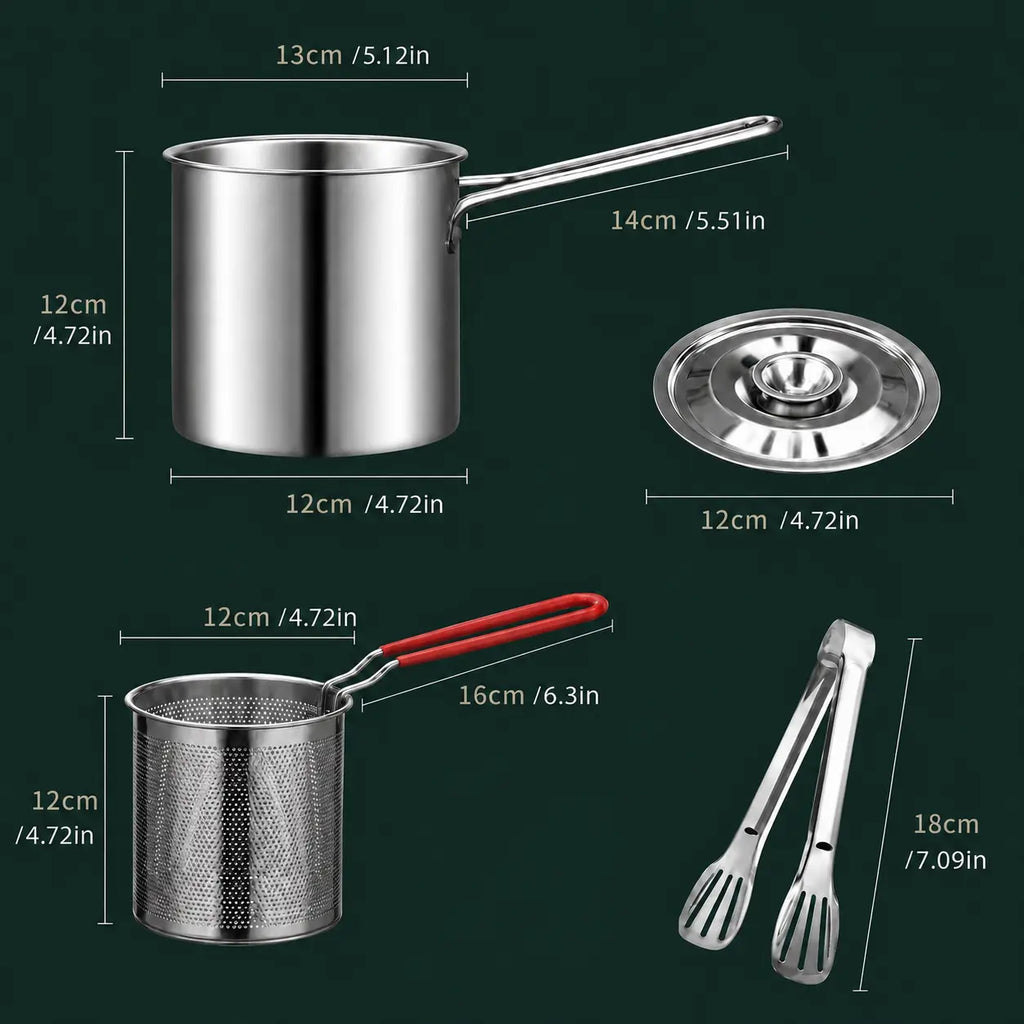 3-Piece Stainless Steel Mini Deep Fryer Set – Portable Pot with Strainer Basket & Food Tongs