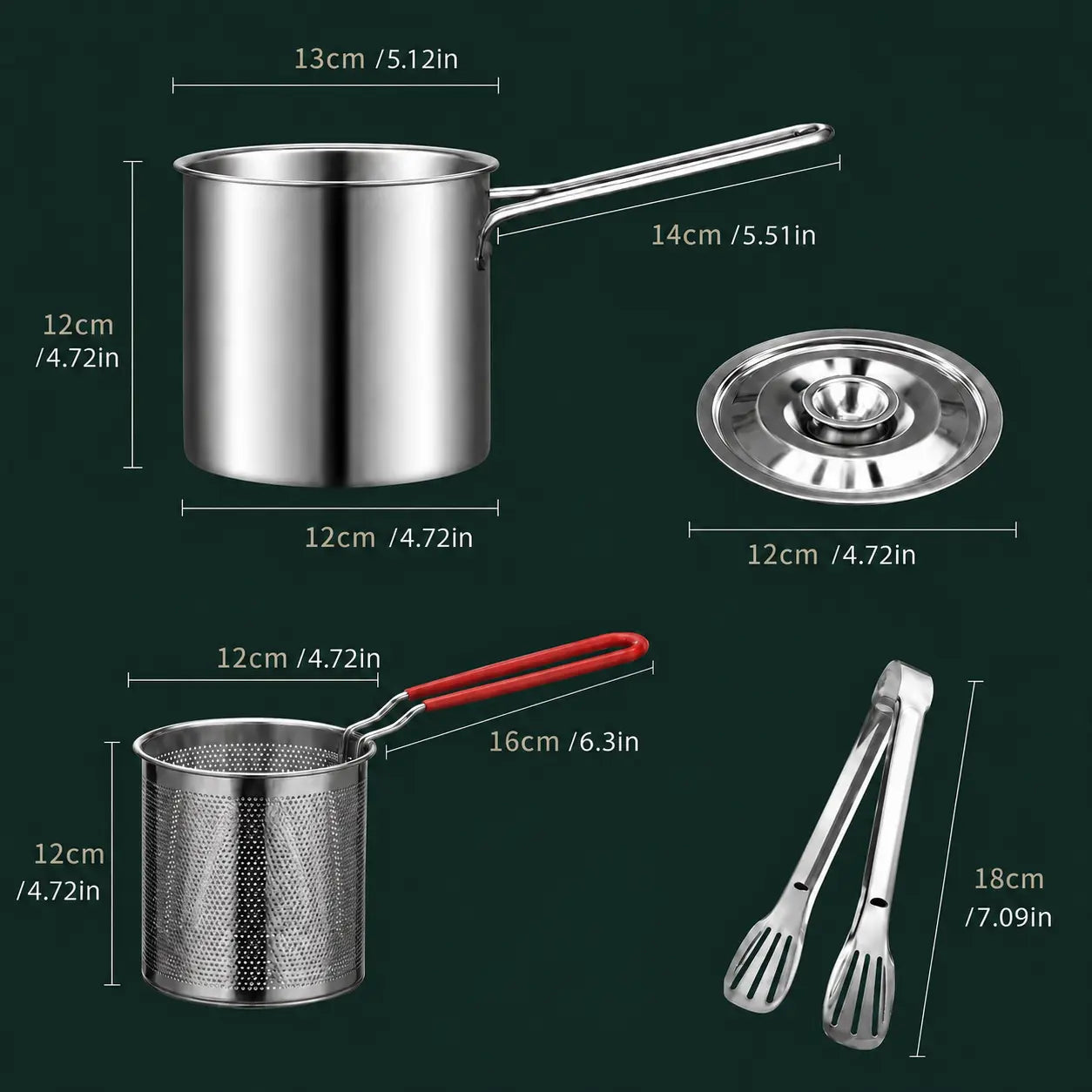 3-Piece Stainless Steel Mini Deep Fryer Set – Portable Pot with Strainer Basket & Food Tongs