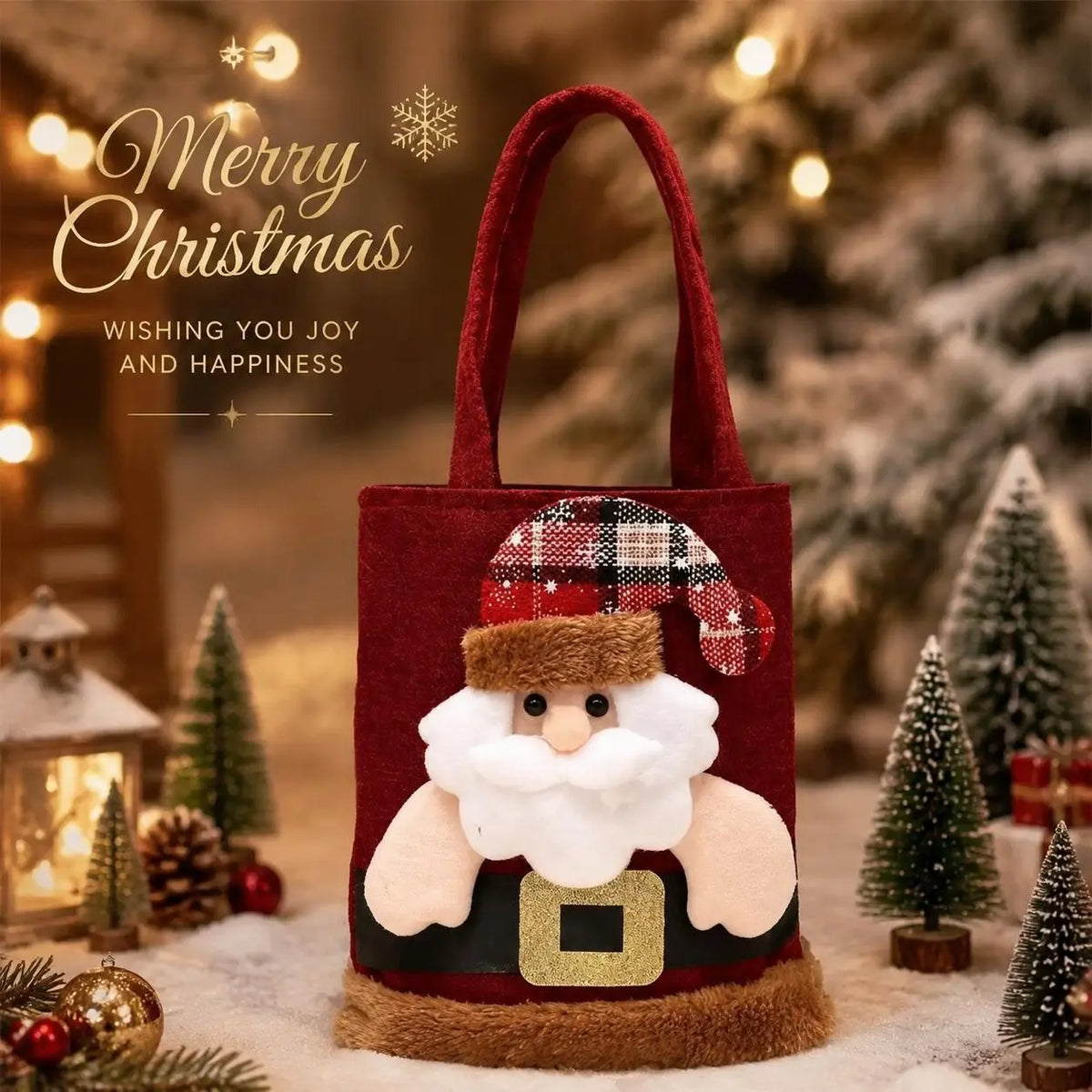 Reusable 3D Santa Claus Linen Christmas Treat Bags with Handles