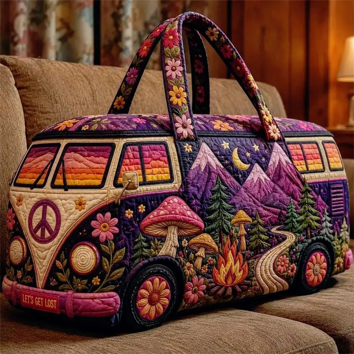 Boho Mushroom Van Weekender Bag - Large Capacity Quilted Duffel Travel Tote, Hippie Aesthetic Carry On Bag for Women, Gym Camping Vacation,summerwins,father'sdaygifts,campingessentials,campinggear