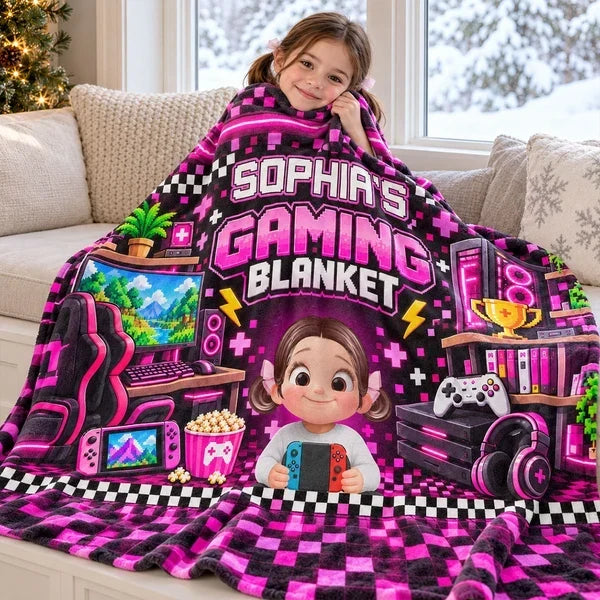 Personalized Fleece Blanket with Cartoon Gamer Holding a Controller, Blue Pixel Art, Unique Gift for Son - 6