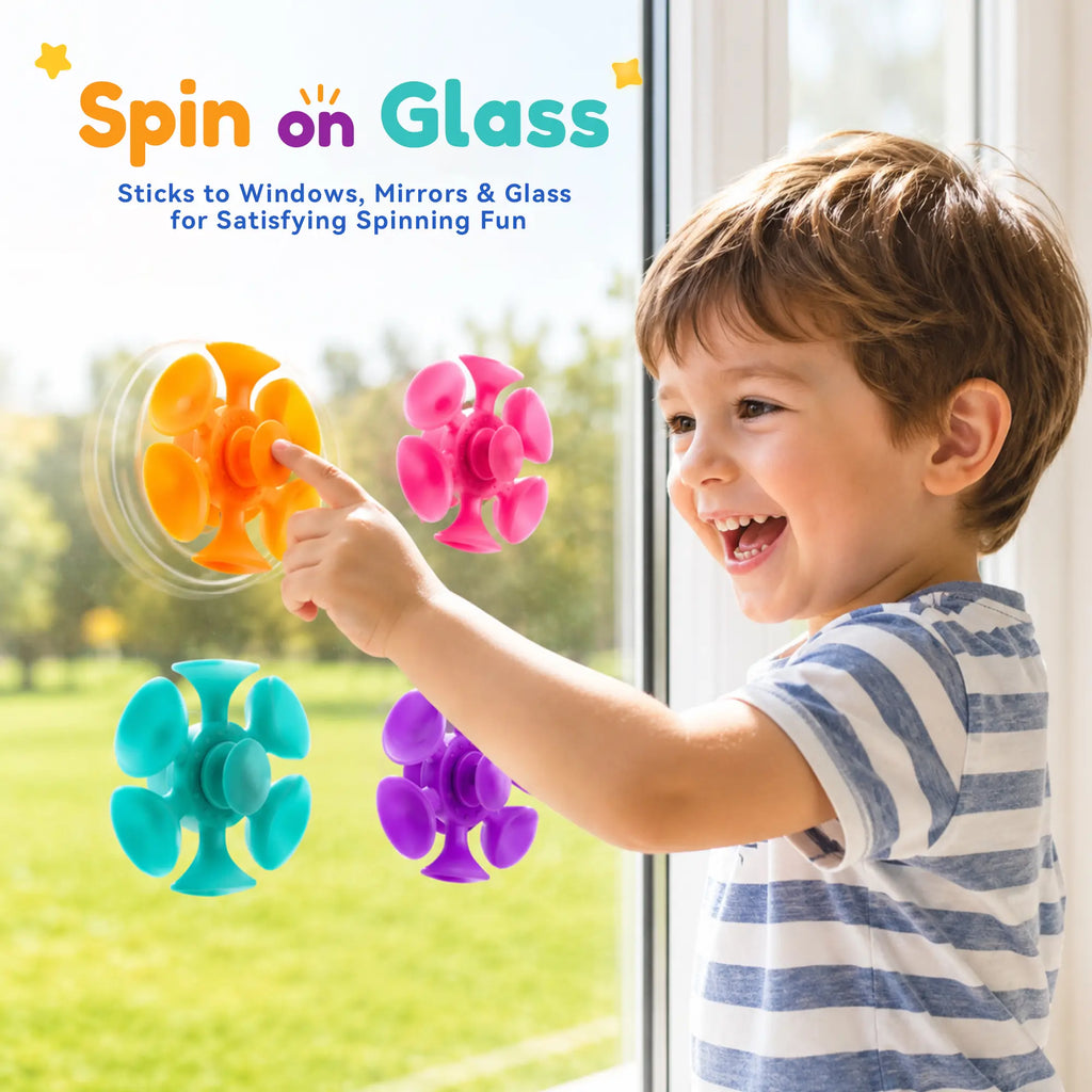 4-Pack Suction Cup Spinner Sensory Toys, Stick-and-Spin Fidget Toys for Toddlers, Travel, Bath & Desk Play