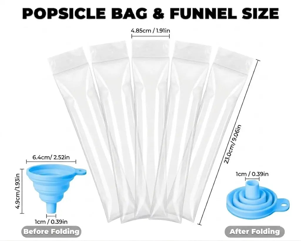 100-Pack BPA-Free Ice Pop Bags with Funnel, Disposable Ziplock Popsicle Pouches for Juice, Yogurt, Smoothies & Frozen Treats