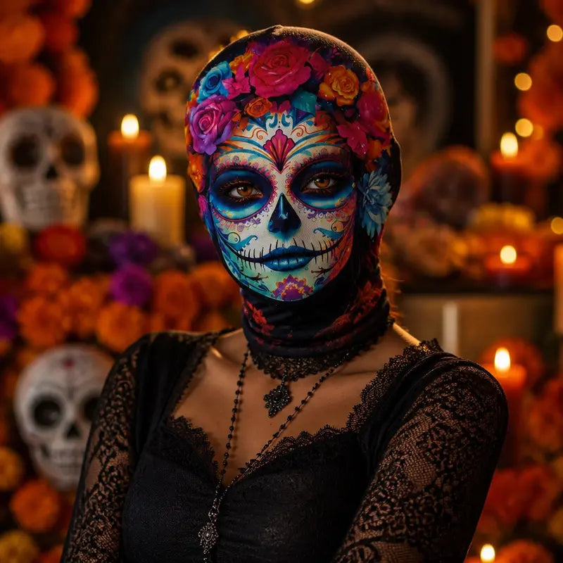 Yeomoo Floral Print Full-Face Día de los Muertos Cosplay Mask