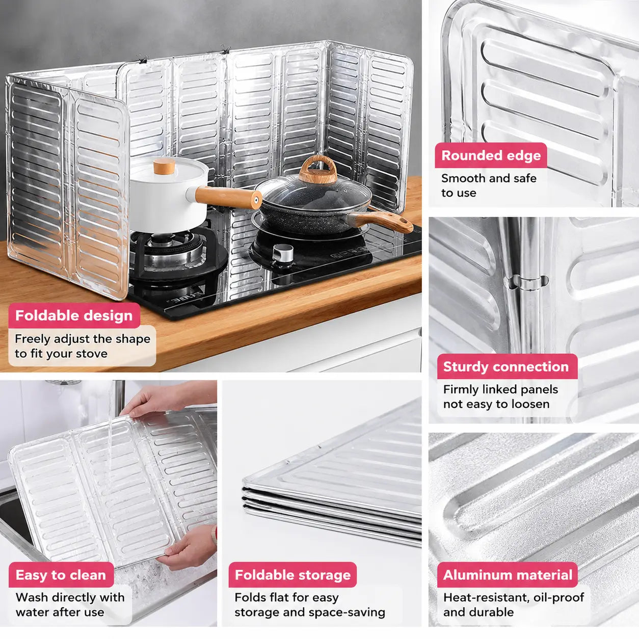 2-Pack Foldable Aluminum Foil Oil Splash Guards, Heat-Resistant Stove Baffles for Gas & Induction Cooktops