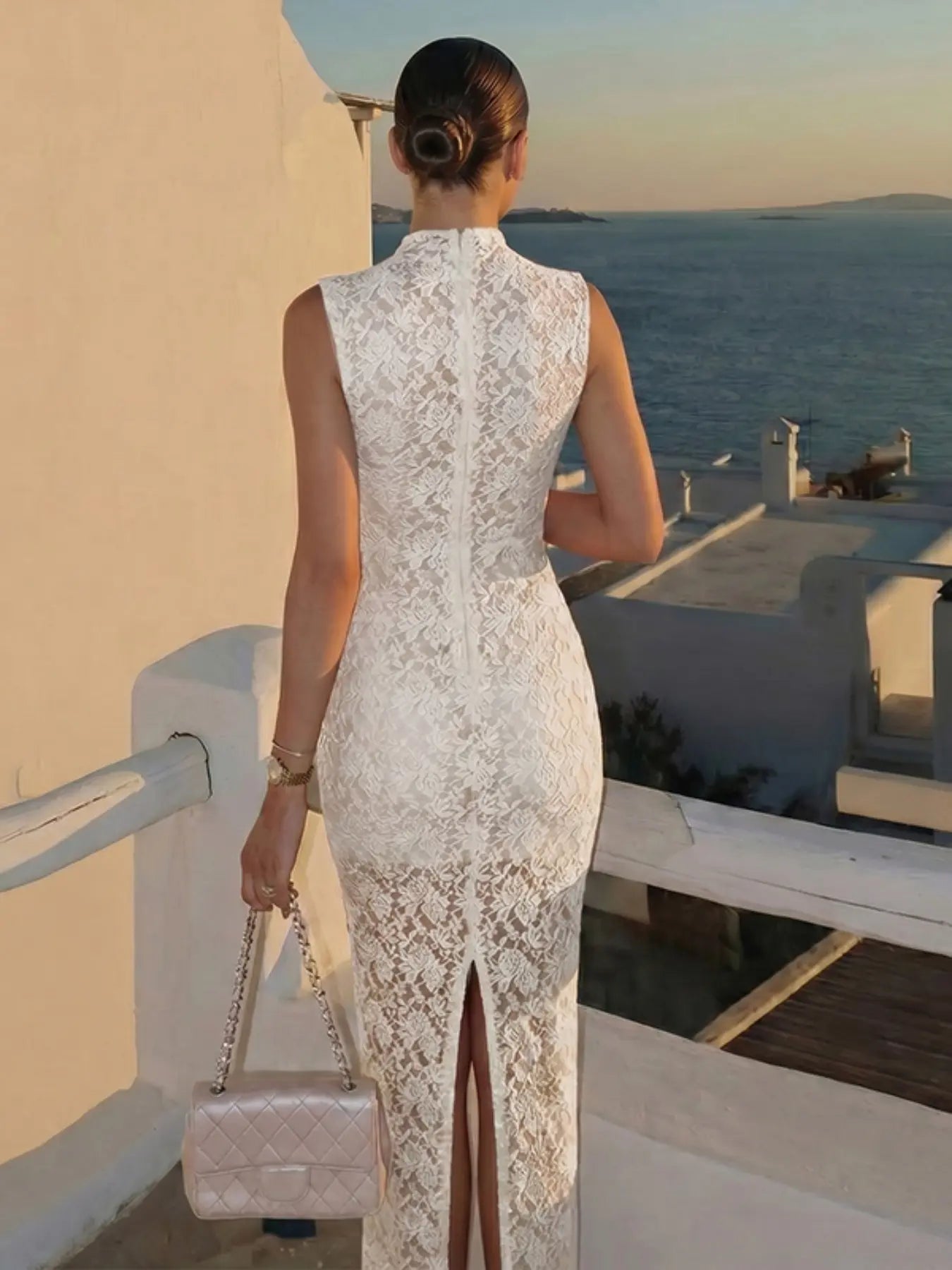 Women's Lace Floral Cutout Bodycon Maxi Dress, Sleeveless High Neck Slit Evening Dress for Party, Date & Formal Events