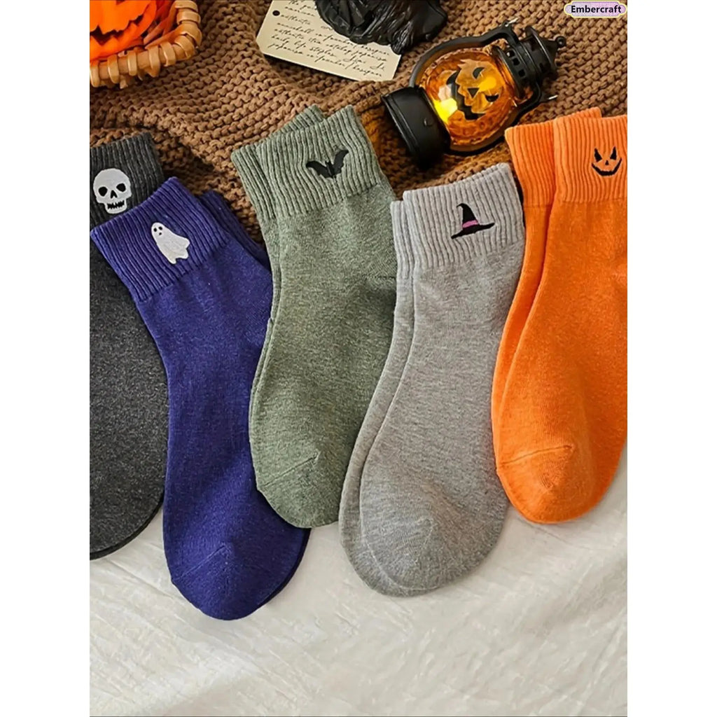5-Pair Halloween Crew Socks Set, Cozy Mid-Calf Knit Socks with Pumpkin, Ghost & Bat Designs