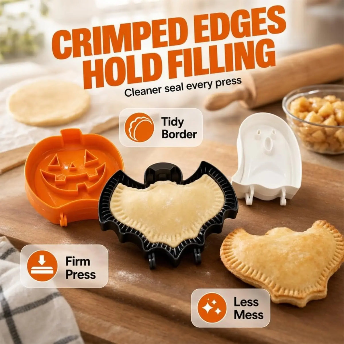3-Pack Halloween Press-and-Seal Hand Pie Molds – Pumpkin, Ghost & Bat