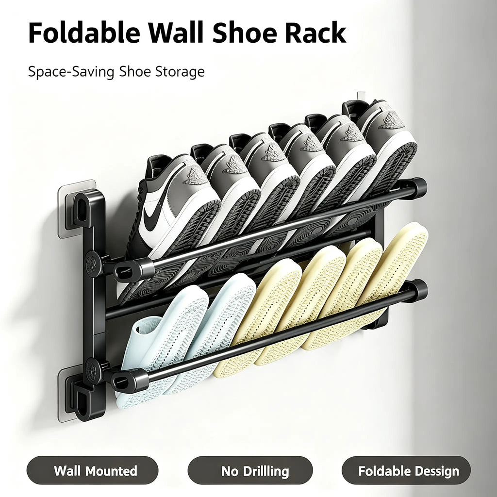 Foldable Wall-Mounted Shoe Rack, Space-Saving Slipper & Shoe Organizer for Bathroom, Entryway, Closet, Bedroom & RV