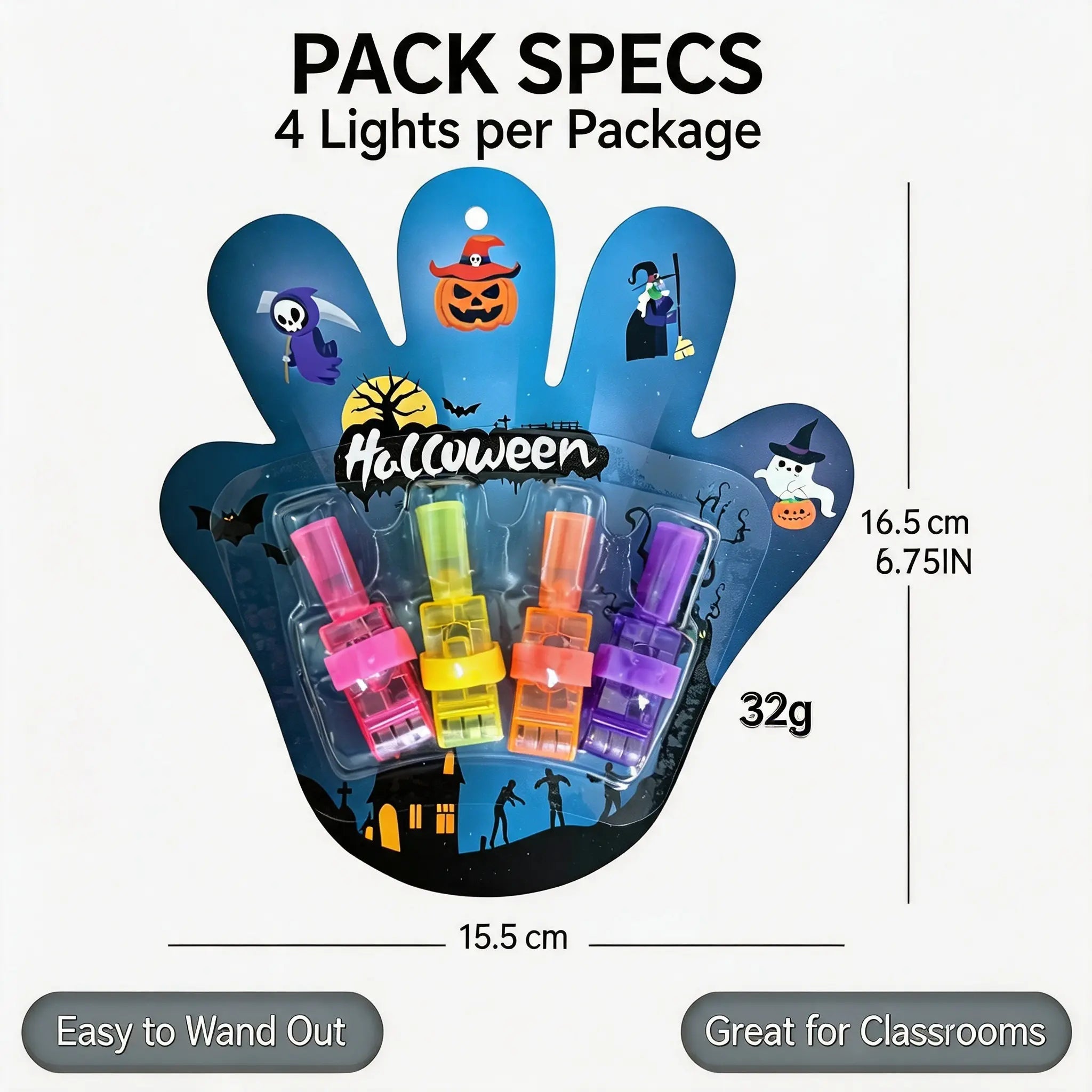 Halloween LED Finger Projector Lights with Pumpkin, Ghost, Witch & Bat Patterns for Trick-or-Treat Bags & Party Decor