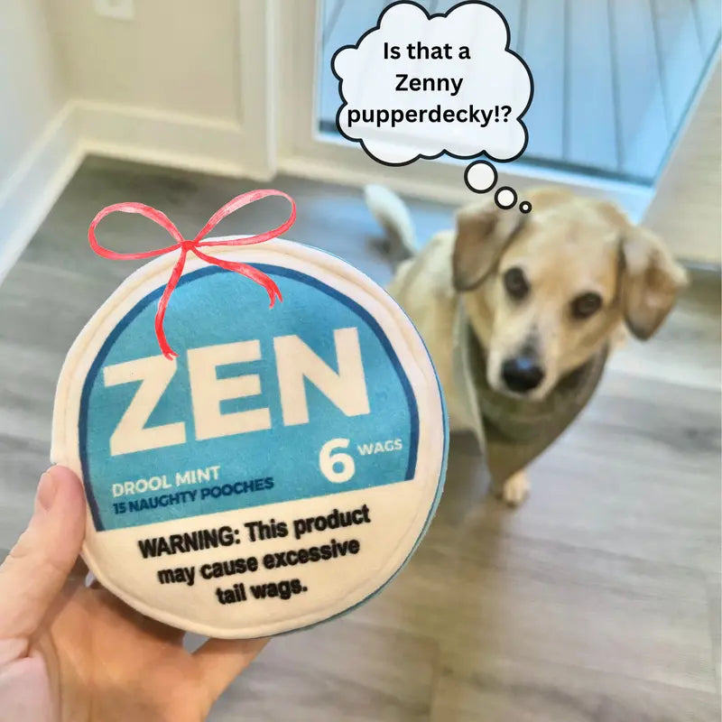 Zen Pupper Deckies Parody Dog Toy - Plush Squeaky and Crinkle Funny Dog Toy - Drool Mint