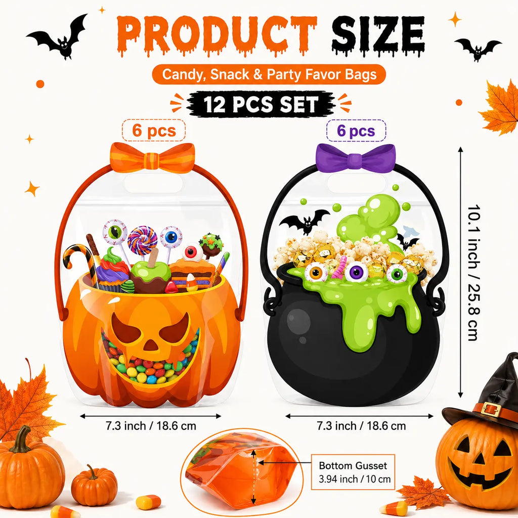Halloween Plastic Goodie Bags with Pumpkin, Skull, Cat & Skeleton Designs for Candy, Classroom & Party Favors