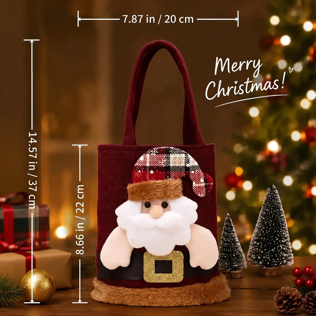 Reusable 3D Santa Claus Linen Christmas Treat Bags with Handles