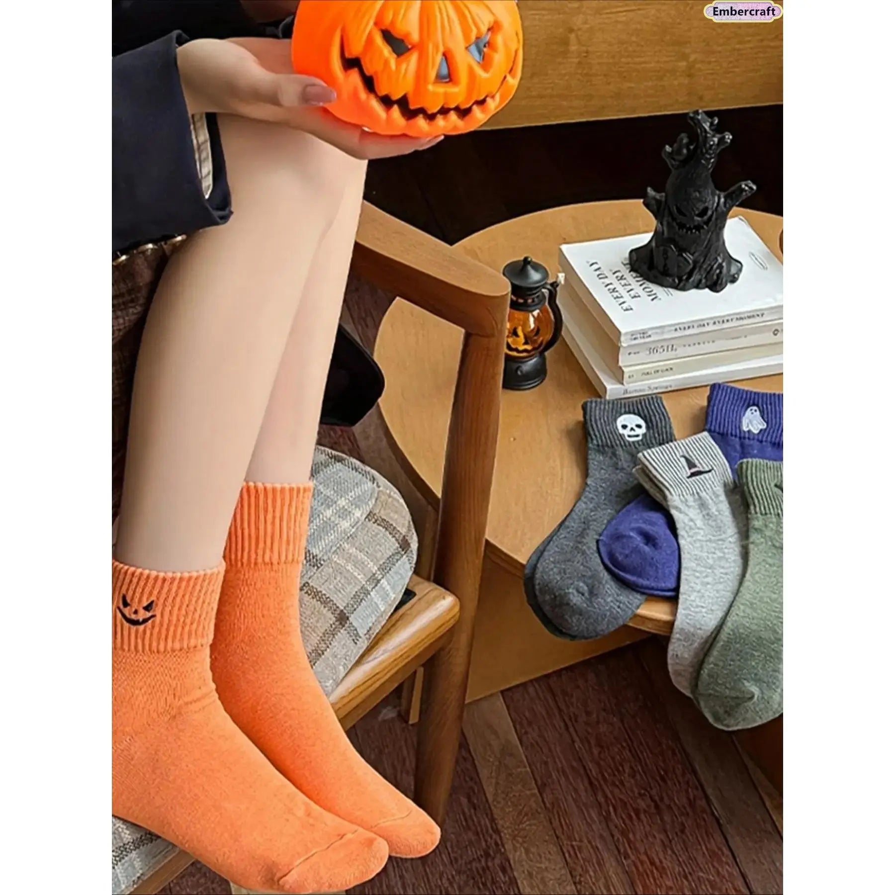 5-Pair Halloween Crew Socks Set, Cozy Mid-Calf Knit Socks with Pumpkin, Ghost & Bat Designs