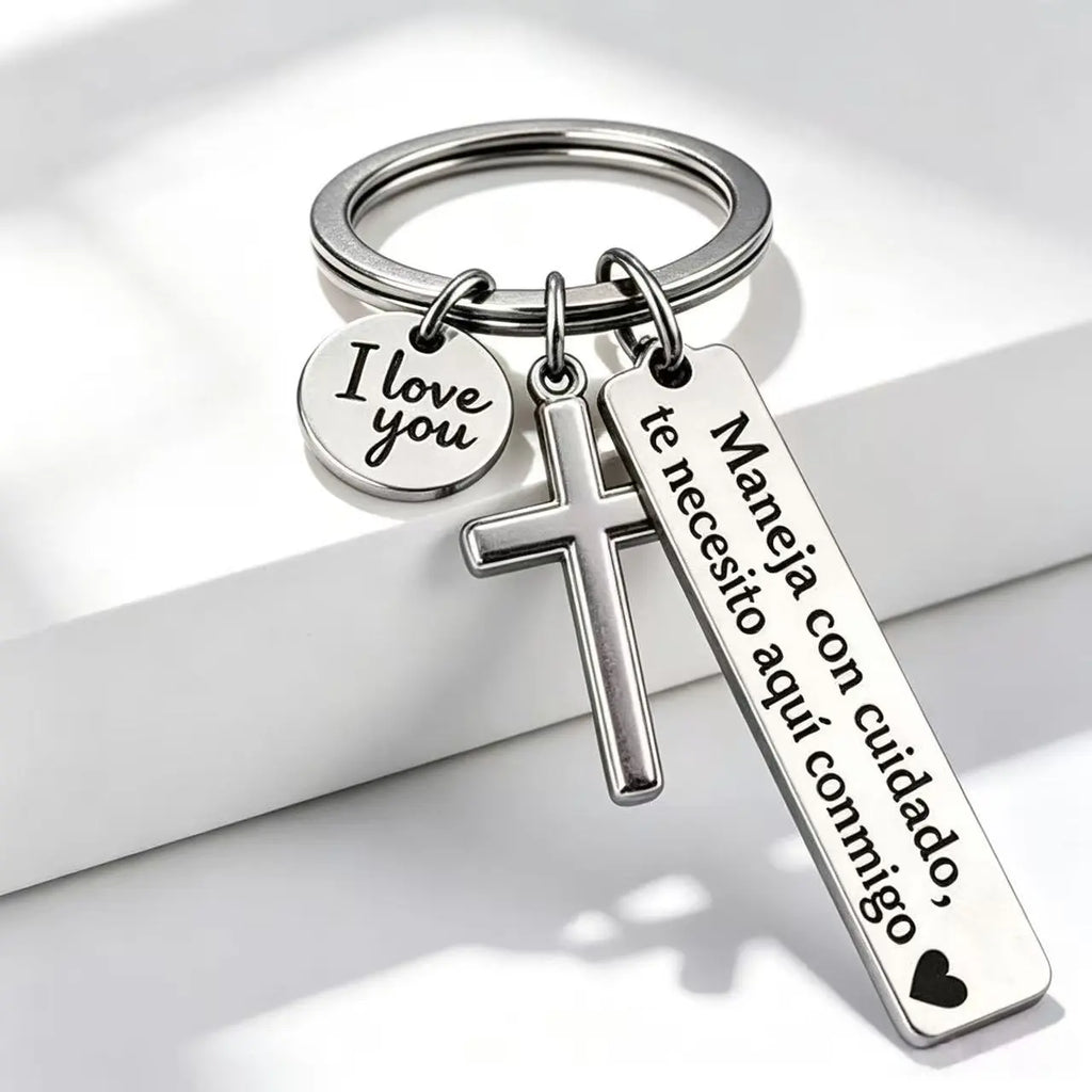 Spanish "Te Necesito Aquí Conmigo" Religious Drive Safe Keyring for Him/Her