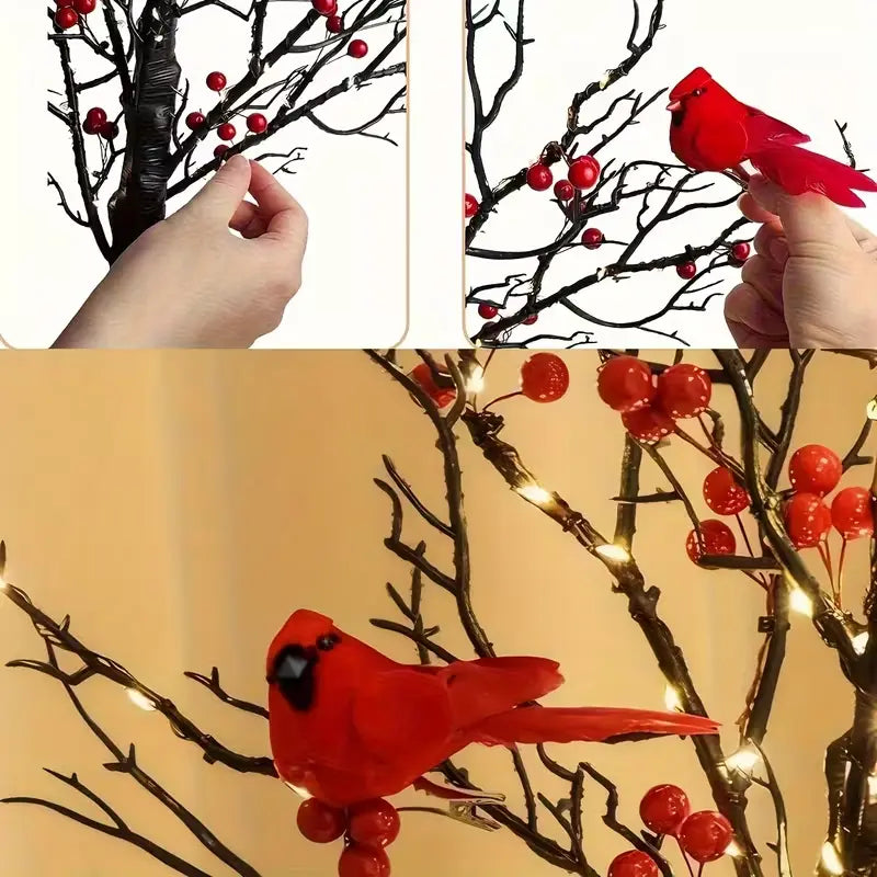 2-Piece 21-Inch LED Faux Raspberry Tree Lights with Bird Decorations
