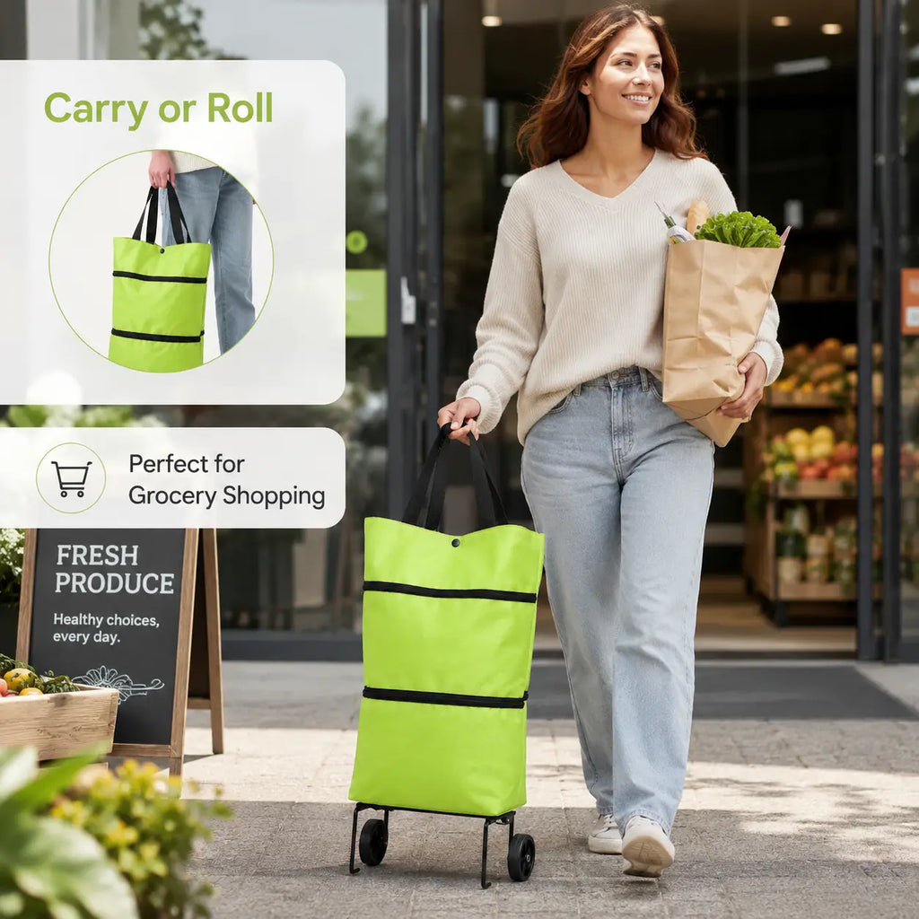 Foldable Shopping Trolley Bag with Wheels, Reusable Rolling Grocery Tote for Supermarket, Travel & Laundry