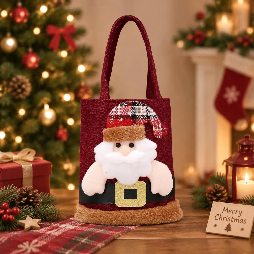 Reusable 3D Santa Claus Linen Christmas Treat Bags with Handles