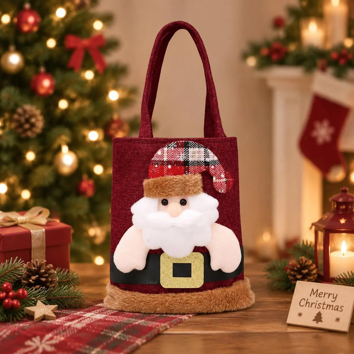 Reusable 3D Santa Claus Linen Christmas Treat Bags with Handles