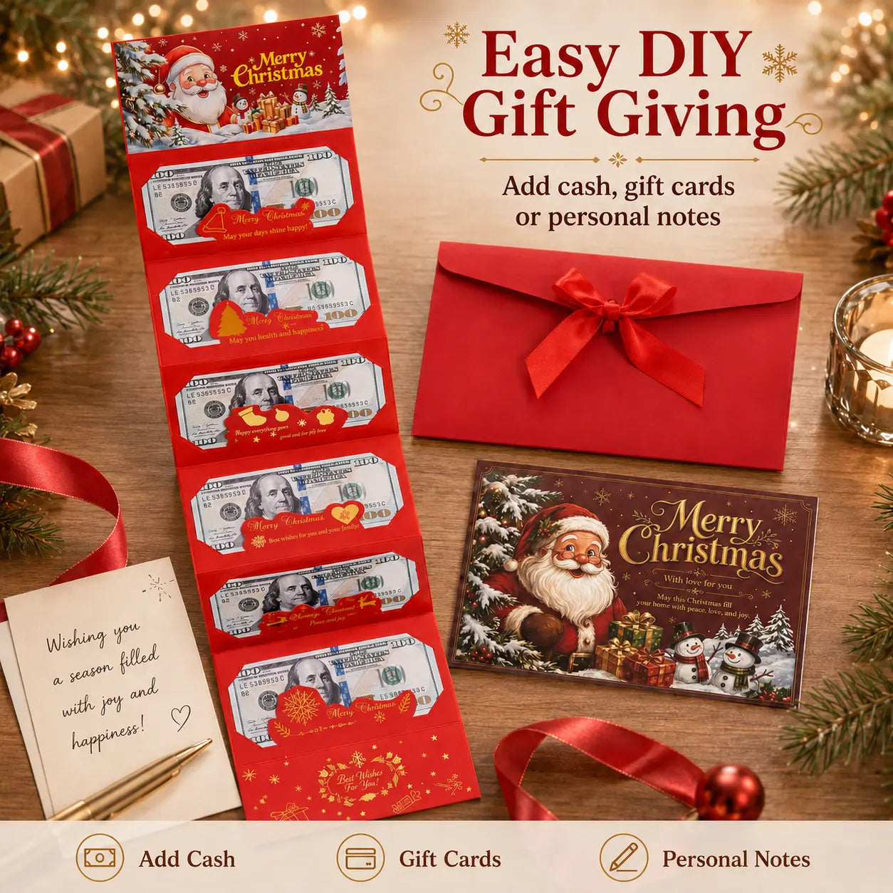 2/4-Pack Christmas Money Envelopes with 6-Slot Folding Cash Holders for Holiday Gifts & Gift Cards