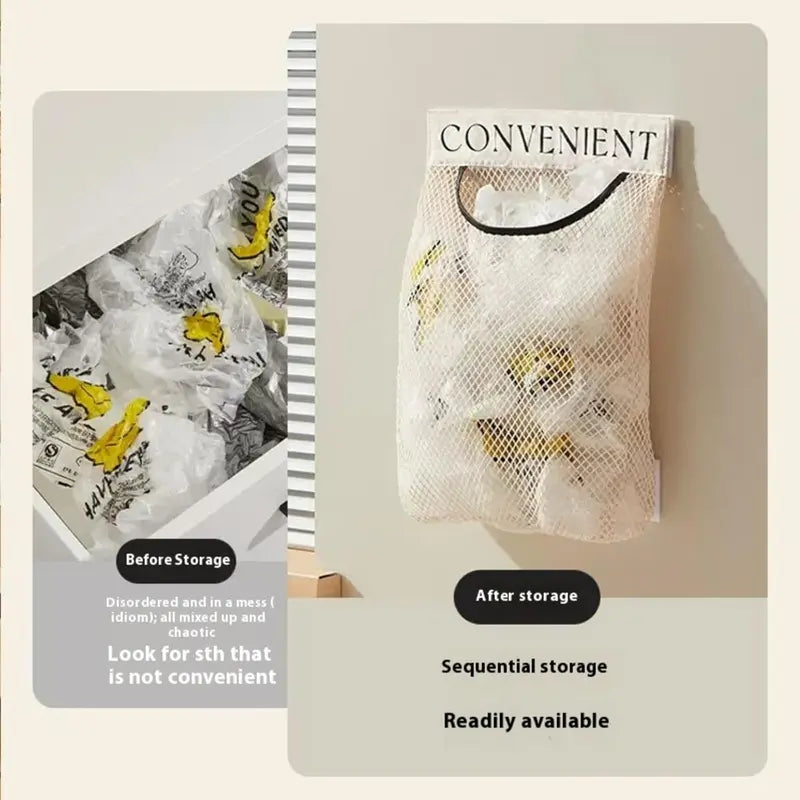 Wall-Mounted Mesh Bag Dispenser & Hanging Organizer for Grocery Bags, Trash Bags, Socks, Underwear & Closet Storage