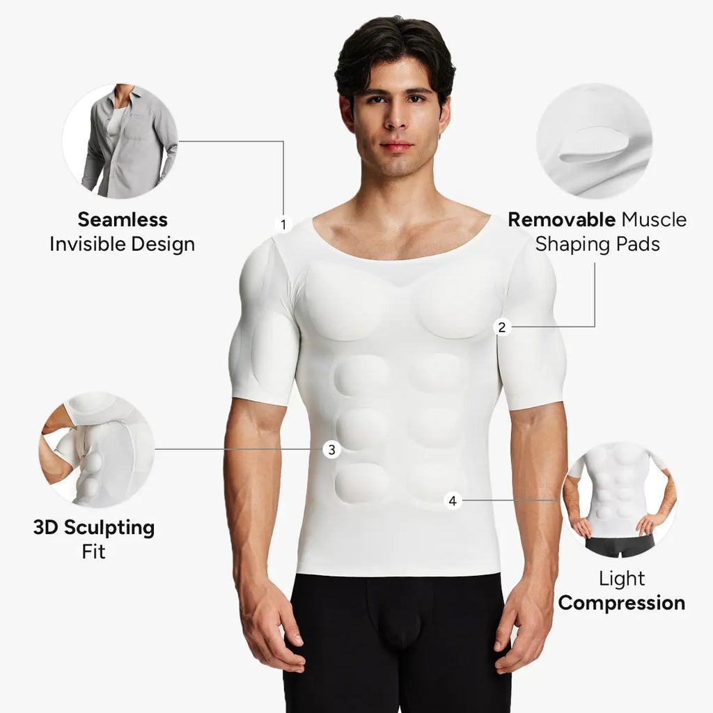 Men's Seamless Muscle-Enhancing Compression T-Shirt with Removable Muscle Pads for Everyday Wear, Cosplay & Special Occasions