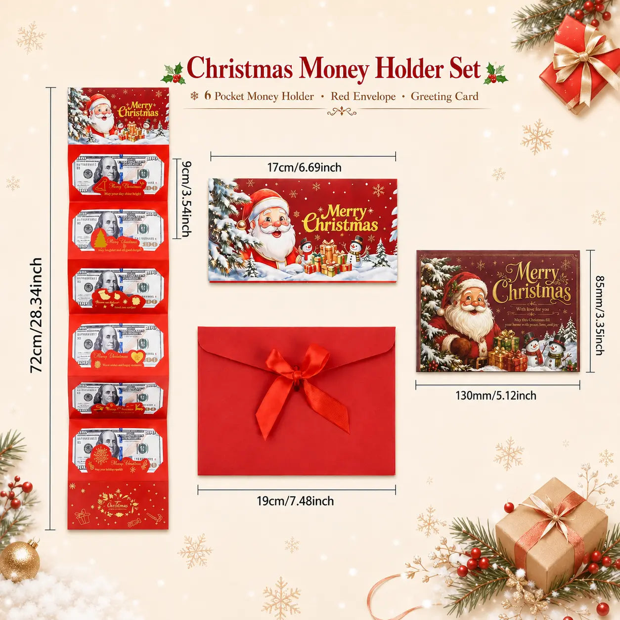2/4-Pack Christmas Money Envelopes with 6-Slot Folding Cash Holders for Holiday Gifts & Gift Cards