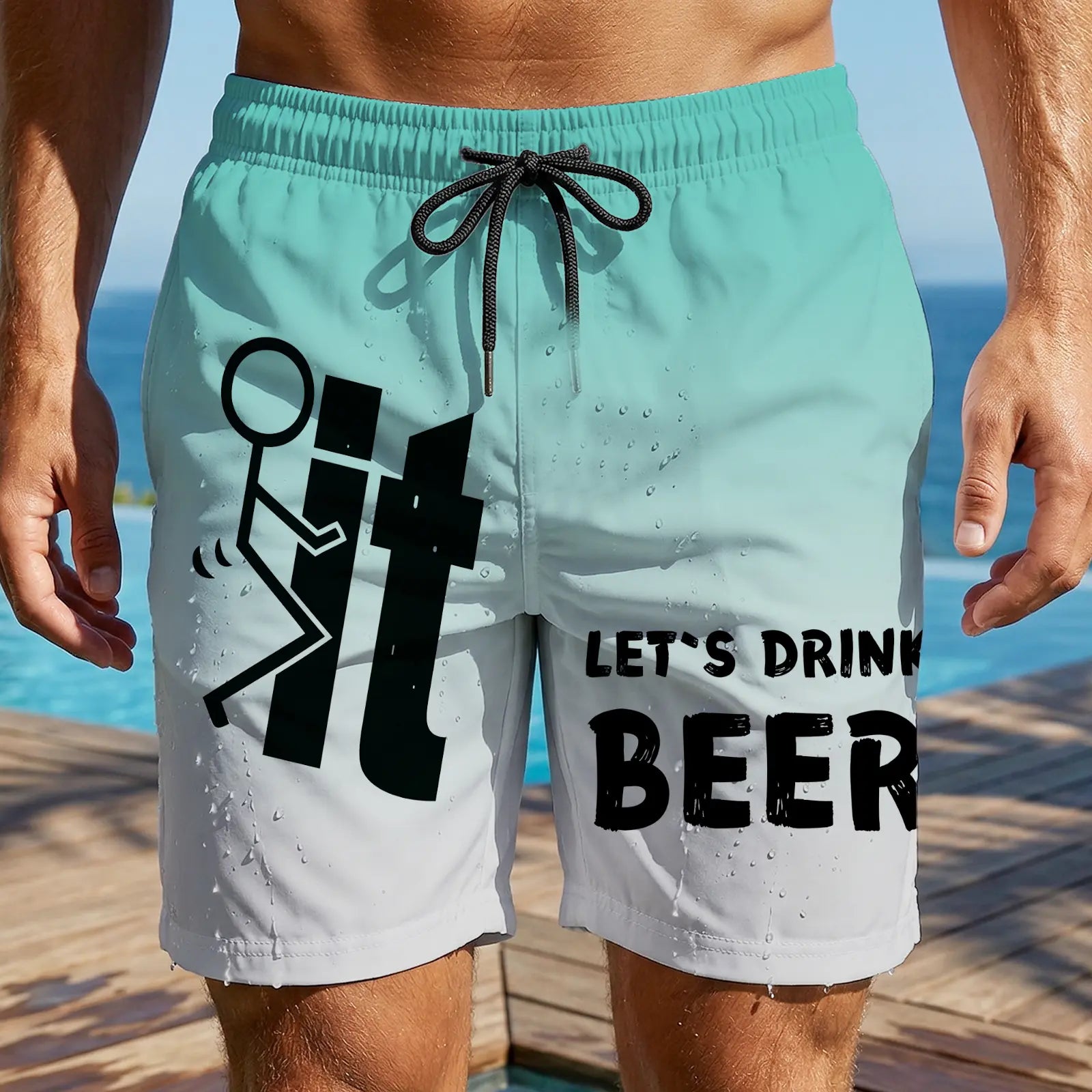 "F*ck It, Let's Drink Beer" Funny Men's Swim Trunks - Quick-Dry Beach Board Shorts with Pockets