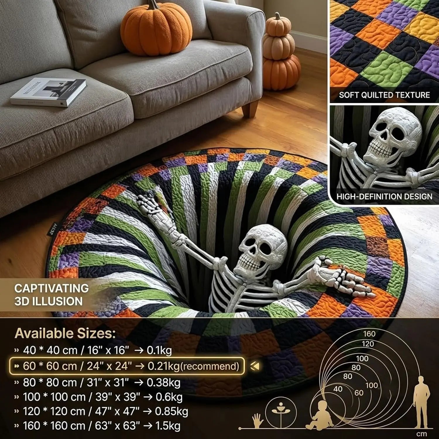 3D Skeleton Vortex Optical Illusion Round Rug, Soft Non-Slip Halloween Mat for Living Room & Indoor Decor