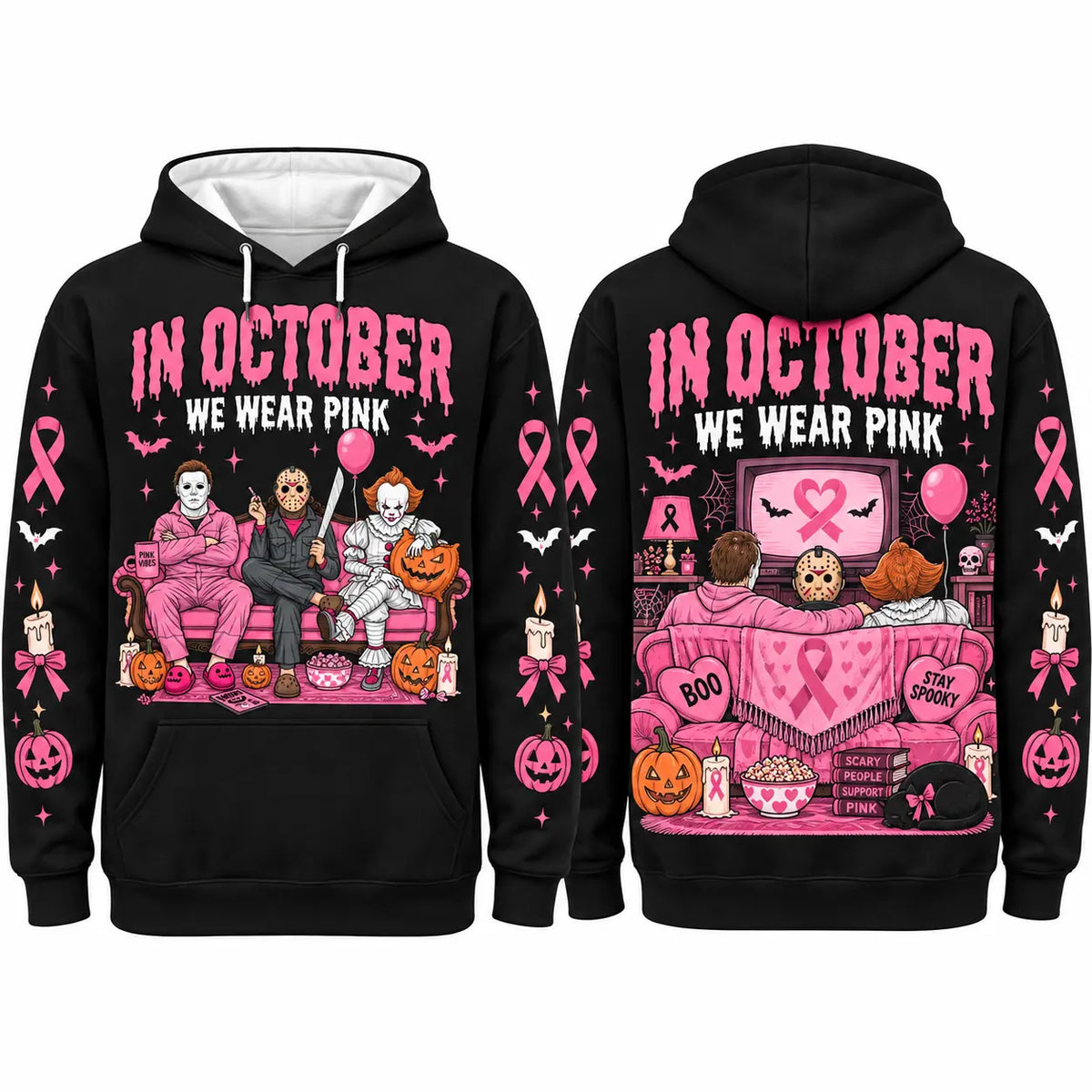 In October We Wear Pink Spooky Halloween Pink Ribbon Hoodie