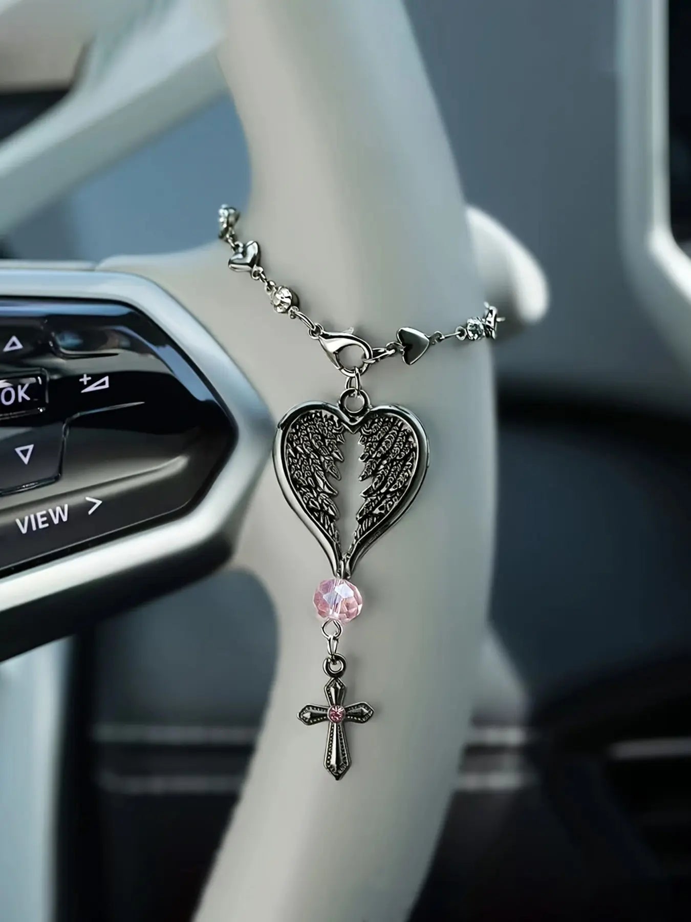 Feather Cross Steering Wheel Hanging Ornament, Stylish Car Interior Decoration & Aesthetic Auto Accessory
