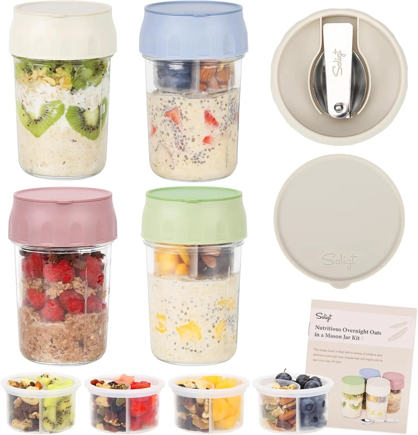 16oz Overnight Oats Containers with Folding Spoon & Divided Compartments, Portable Glass Jars for Oatmeal, Yogurt, Fruit & Meal Prep