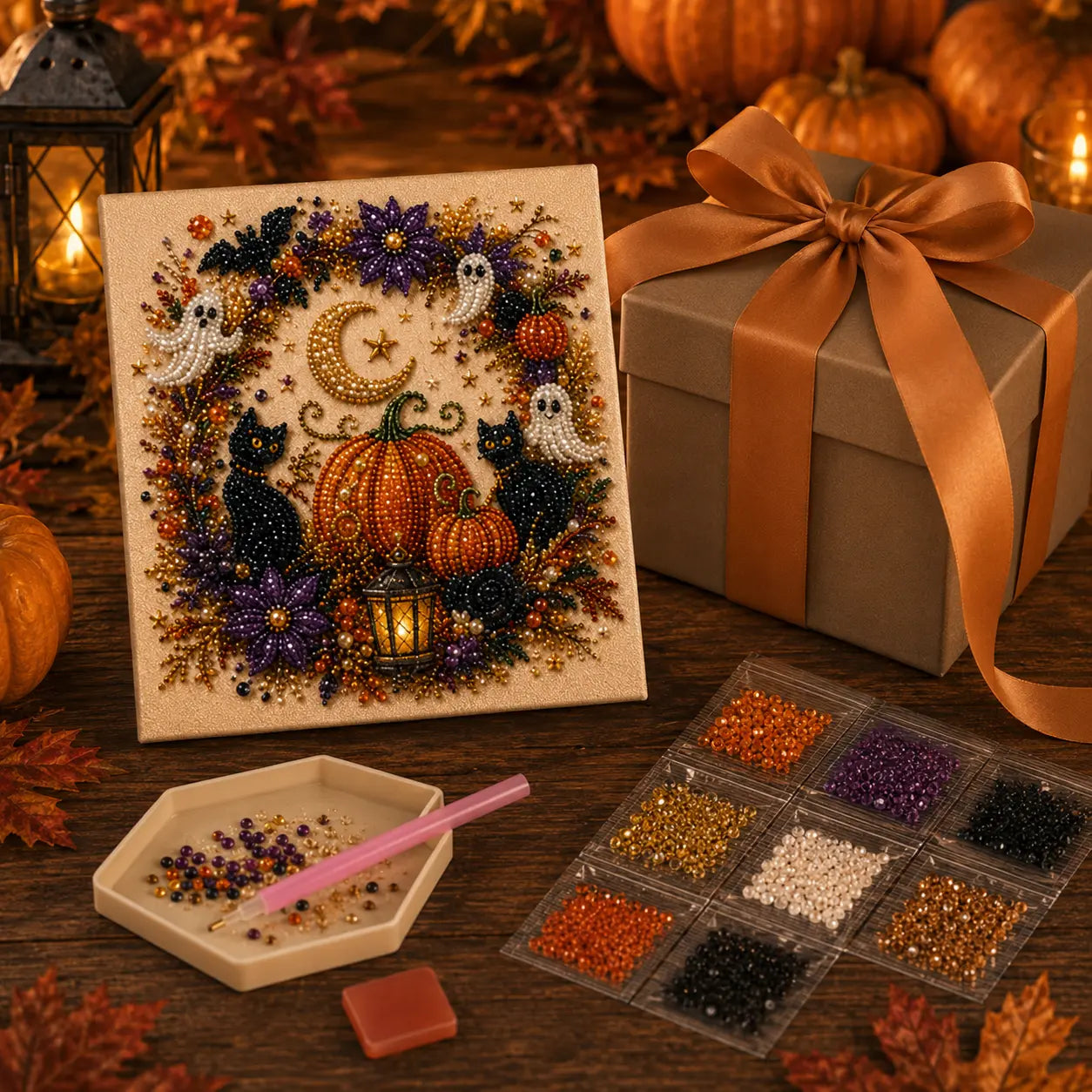Halloween 5D Diamond Painting Kit with Tools, DIY Gem Art Canvas for Adults & Teens, Pumpkin Ghost Witch Cat Wall Decor Craft