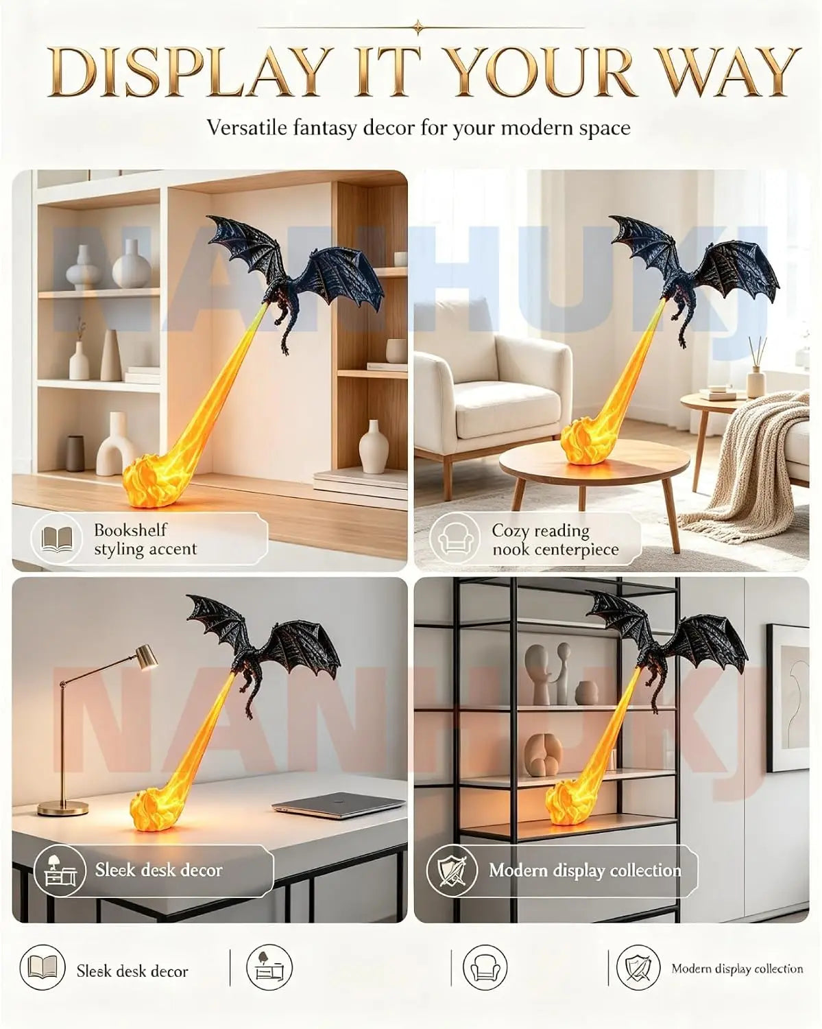3D Printed Dragon Flame Book Nook with LED Light, Fantasy Bookshelf Decor & Gift for Book Lovers