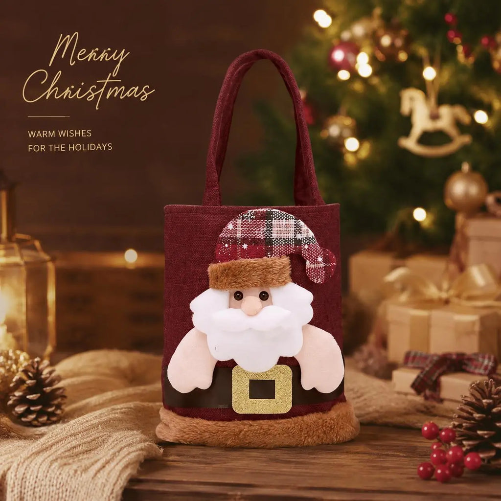 Reusable 3D Santa Claus Linen Christmas Treat Bags with Handles