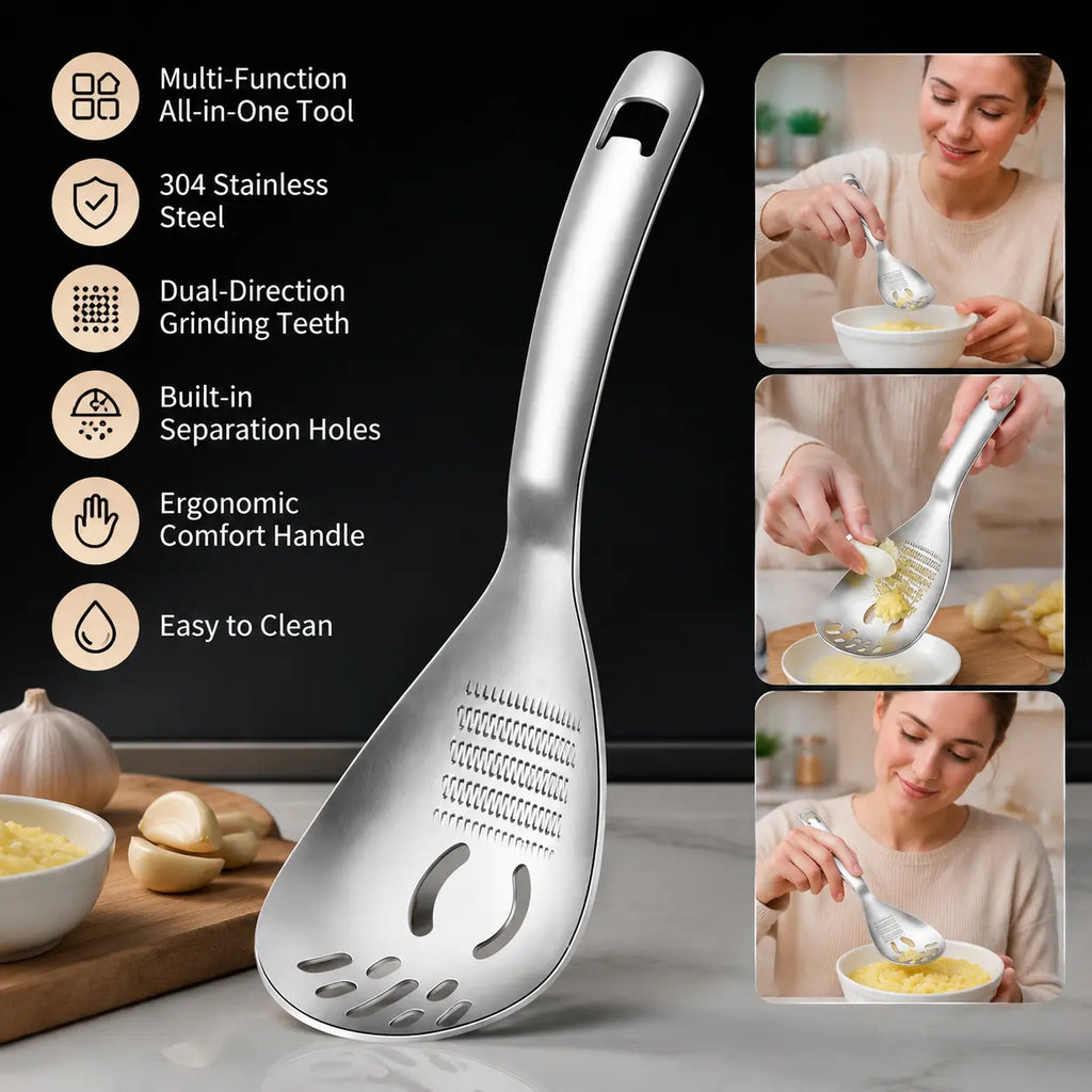 1 Count 304 Stainless Steel Multifunctional Kitchen Spoon, Egg White Separator Ginger Garlic Grater Mud Masher for Home Daily Cooking