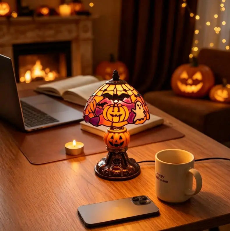 Retro Pumpkin & Bat Halloween Nightstand Lamp