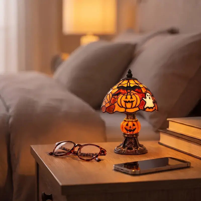Retro Pumpkin & Bat Halloween Nightstand Lamp