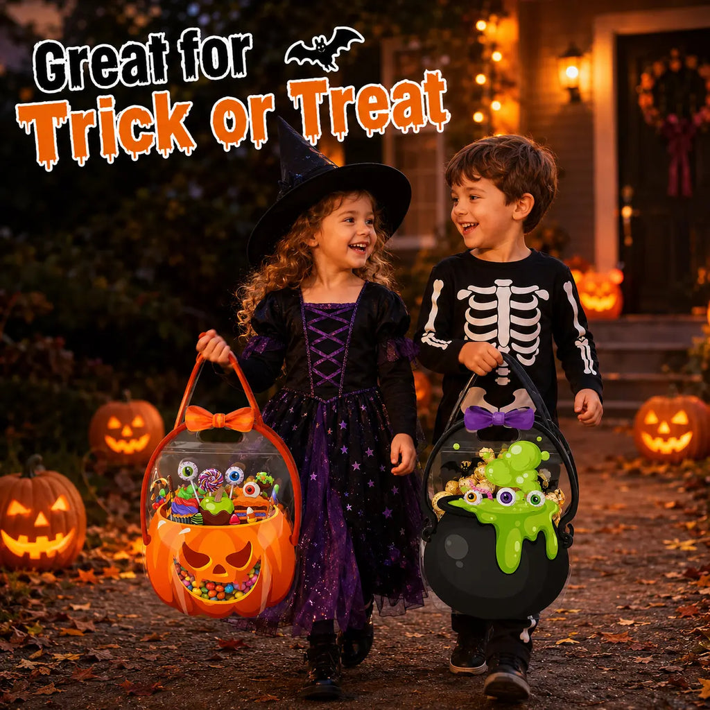 Halloween Plastic Goodie Bags with Pumpkin, Skull, Cat & Skeleton Designs for Candy, Classroom & Party Favors