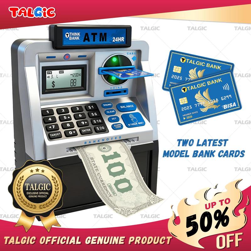 Kids ATM Piggy Bank with Password, Coin & Bill Savings Toy with Keypad & Cards for Birthday Gifts