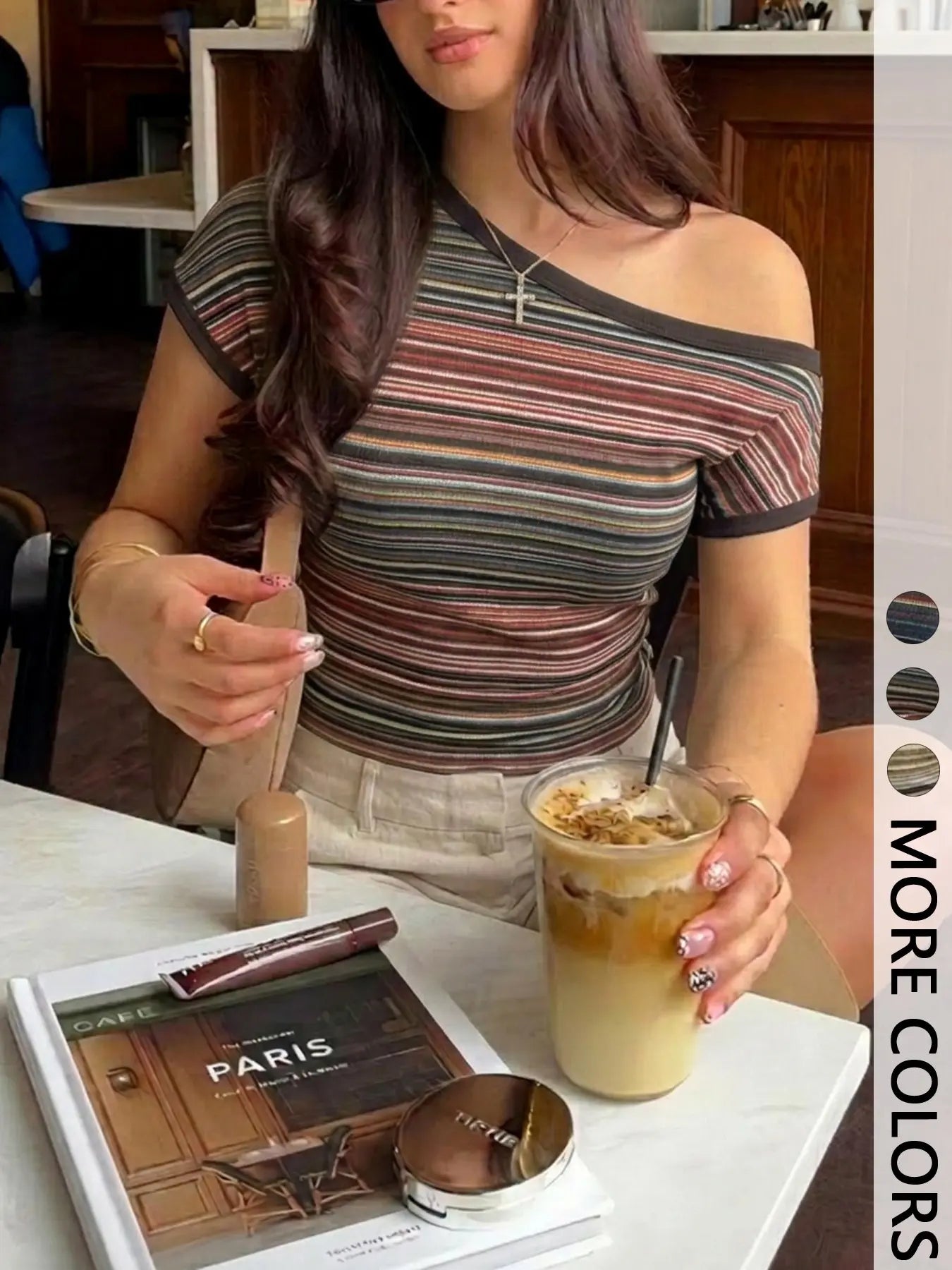 Women's Multi-Color Stripe One-Shoulder T-Shirt, Stretch Knit Slim-Fit Top for Casual, Date & Streetwear Looks