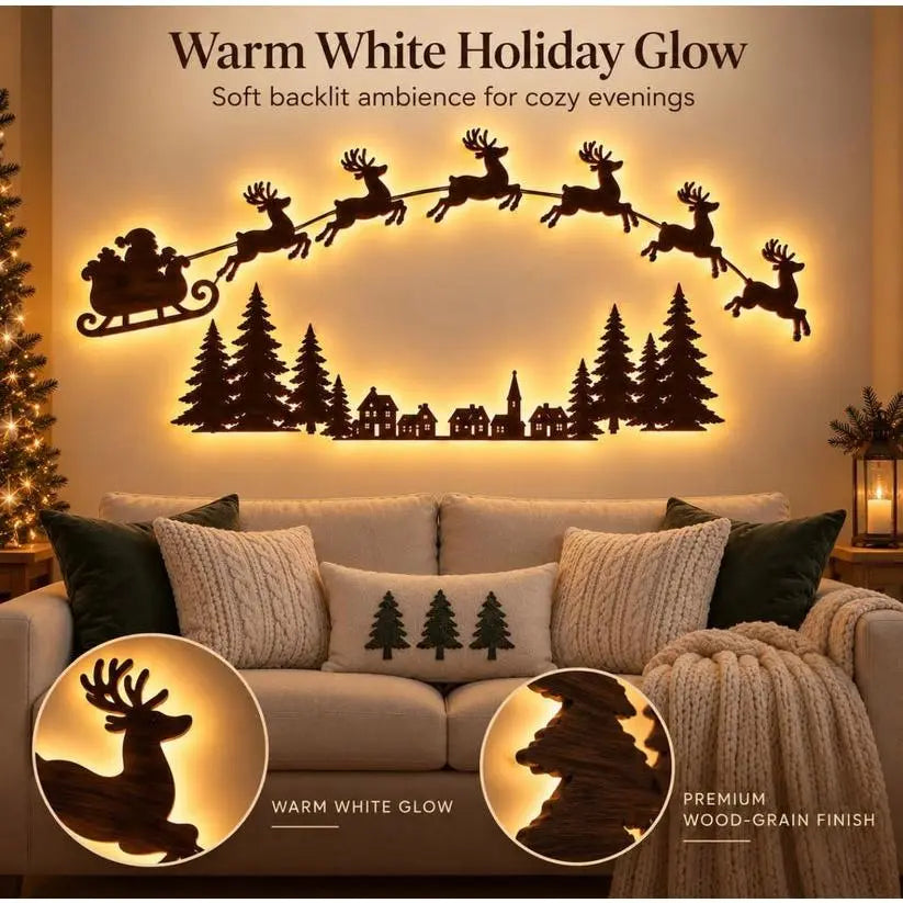 Cordless LED Santa Sleigh & Reindeer Wall Decor